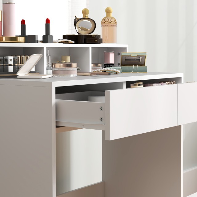 HOMCOM Τραπέζι Μακιγιάζ με Καθρέφτη, 3 Ράφια, 2 Συρτάρια και Σκαμπό, από Ξύλο, 75x38x135 εκ., Λευκό 831-925V00WT