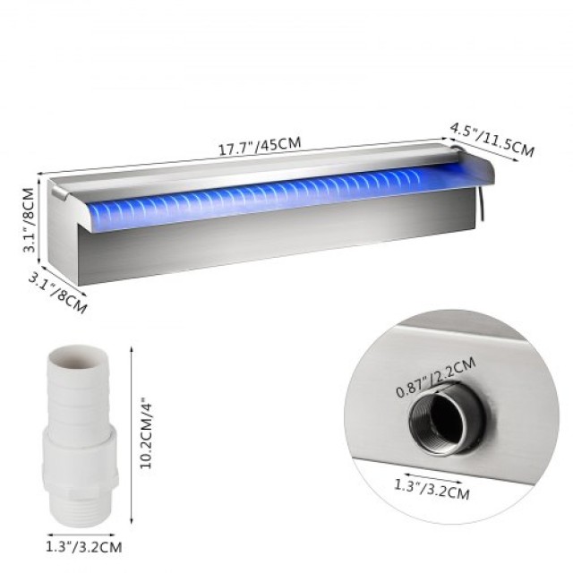 VEVOR Ανοξείδωτος Καταρράκτης Πισίνας με LED 17.7x4.5x3.1 εκ. PQSBJPJSWLED45001V2