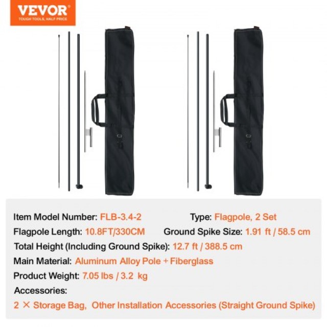 Σετ Ιστών Σημαίας VEVOR 2 Τεμ. 12.7 ft με Πάσσαλους για Έδαφος QGYMQJGZ34M24YJ92V0