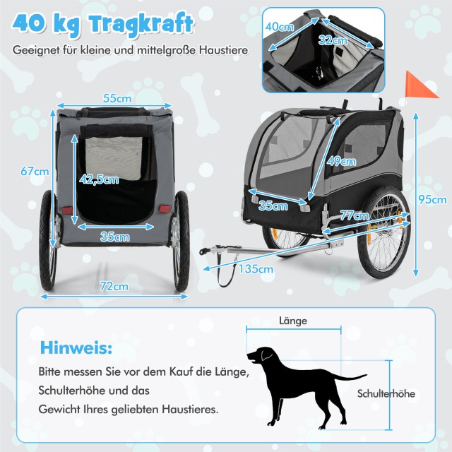 Costway Γκρι Τρέιλερ Κατοικιδίων για Ποδήλατο - Αντοχή έως 40 kg PW10028GR