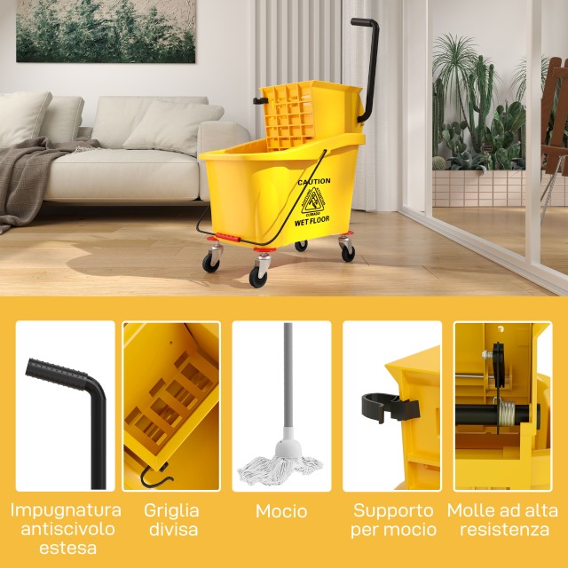 HOMCOM Επαγγελματικός Κουβάς Σφουγγαρίσματος 36L με Σφουγγαρίστρα, Στραγγιστήρι, Ρόδες και Χερούλι, 55x37x65 εκ., Κίτρινο 720-029V00YL