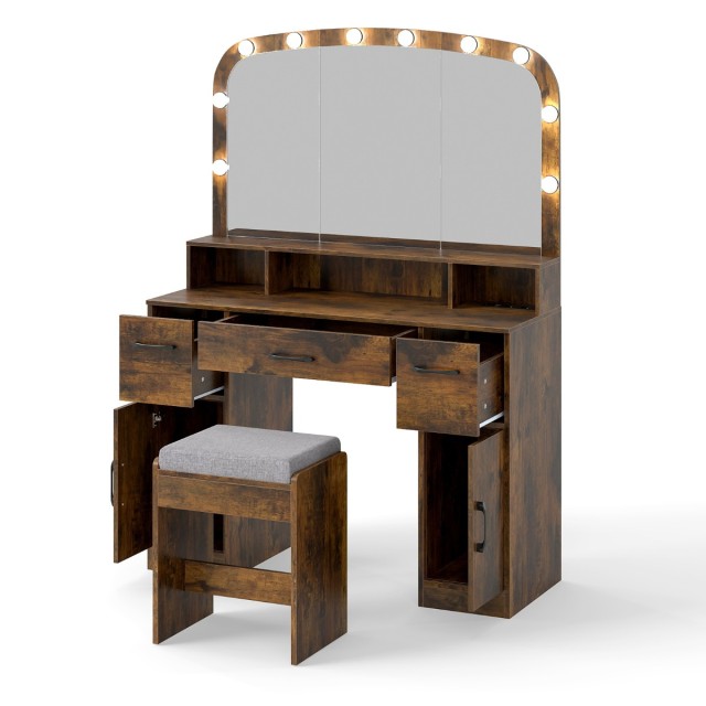 Costway Τουαλέτα Μακιγιάζ με Σκαμπό & LED Καθρέφτης 3 Χρωμάτων & Σταθμός Φόρτισης Καφέ HU11107DE-CF+