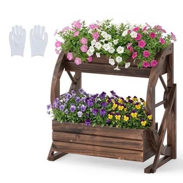 Costway Διώροφος Ζαρντινιέρα Ξύλινο Καρότσι με Οπές Αποστράγγισης - Καφέ HZ10397CF