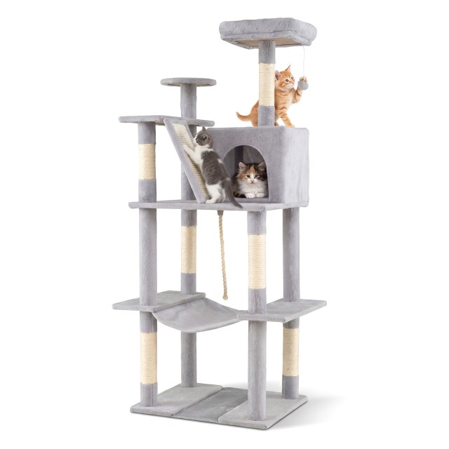 Costway Δέντρο γάτας 158 εκ. πολυεπίπεδο με πλατφόρμα, φωλιά, αιώρα και ονυχοδρόμιο από σιζάλ, ανοιχτό γκρι, 158 x 48 x 60 cm PV10464GR