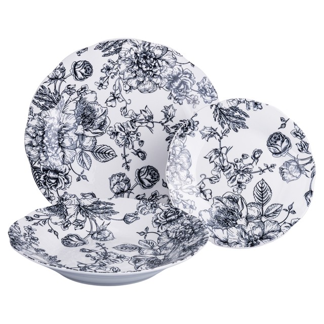 Villa DEste  Σετ πιάτων 18 τεμαχίων πορσελάνης για 6 άτομα με λουλουδάτο σχέδιο Madame Black 5922467