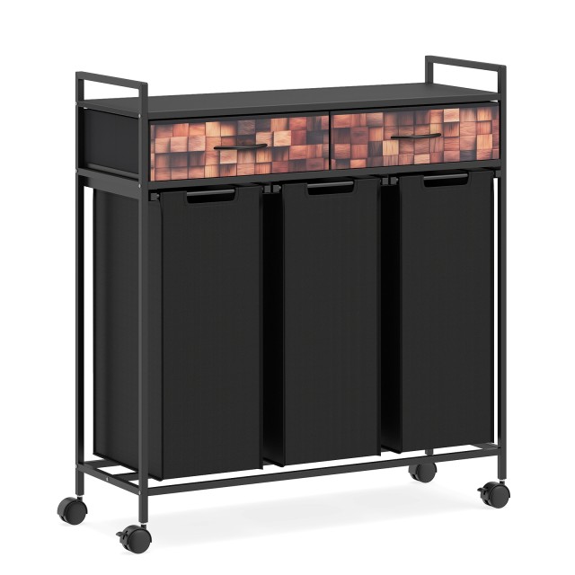 Costway Καλάθι απλύτων 3 θηκών 135L με ρόδες και συρτάρια, με σακούλες, για μπάνιο ή σαλόνι, μαύρο και ρουστίκ καφέ, 97,5 x 33 x 92,5 cm JZ10389CF