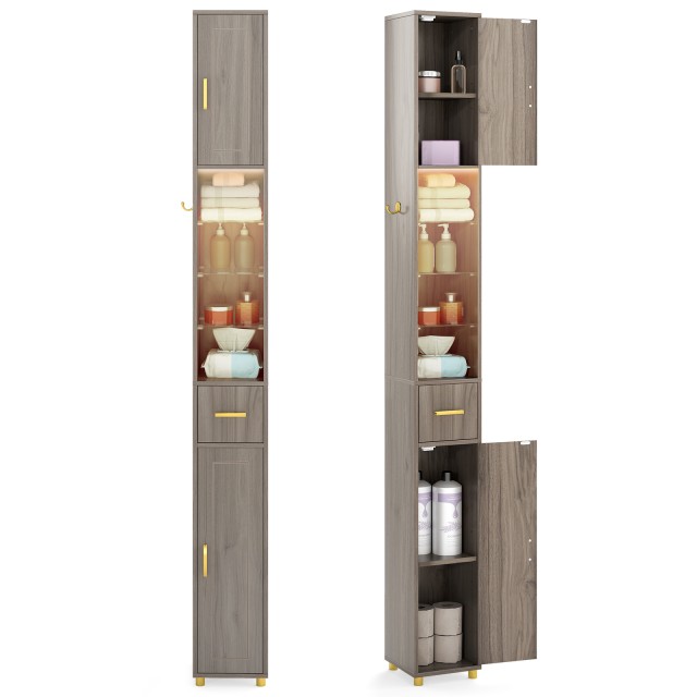 Costway Ντουλάπα Μπάνιου με Φωτισμό, Συρτάρι & 3 Γυάλινα Ράφια  181 x 20 x 20 cm  JV12818GR