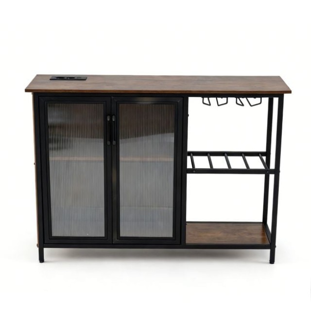 Costway Ποτηροθήκη με LED Φωτισμό & Κρασοθήκες με Γυαλί & Γυάλινη Πόρτα & Ράφια με Υποδοχές για Μπαρ, 82 x 110 x 35 εκ. JV13325DE-CF