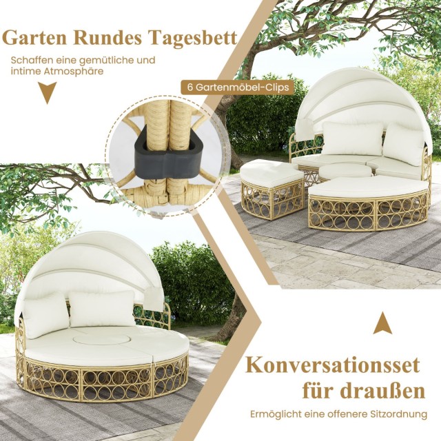 Costway Στρογγυλή Εξωτερική Κρεβατοκάμαρα από PE-Rattan με Αναδιπλούμενη Κουκούλα και Μαξιλάρια HW72243WH+