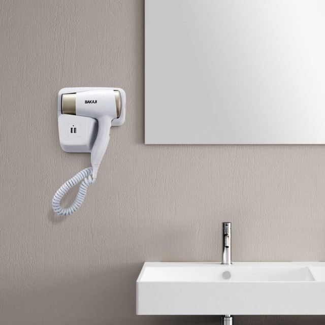BAKAJI  Σεσουάρ Τοίχου Ξενοδοχείου Πιστολάκι Μαλλιών Μπάνιου 1300W 2 Θύρες USB  02831937