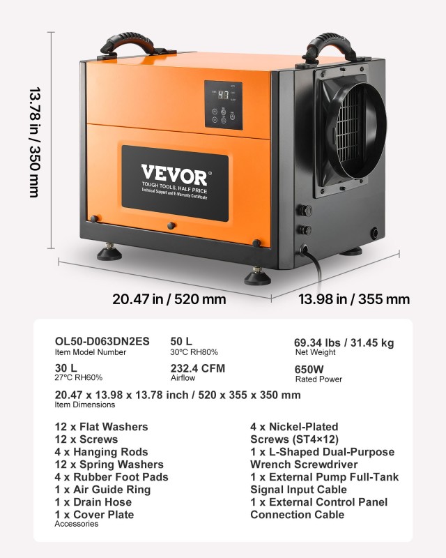 VEVOR Επαγγελματικός Αφυγραντήρας 50 Λίτρων με Σωλήνα Αποστράγγισης 520x355x350mm SYCSQJSLED60RVEZF001V2