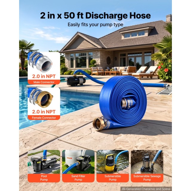 VEVOR Σωλήνας Εκκένωσης Πισίνας PVC Lay Flat 2 x 15,2 m με Σύνδεσμους Pin Lug, Μπλε PSRG20INCH50W1UXA001V0