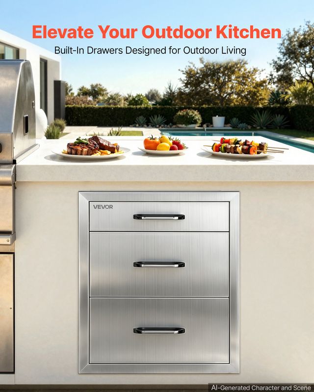 VEVOR Συρτάρια Εξωτερικού Χώρου για BBQ Island, 3 Επιπέδων, 51,8 x 52 x 44,2 cm, με Λαβή CGCTJ18W205HEFOVQ001V0