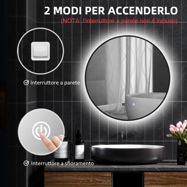 HOMCOM Καθρέφτης Μπάνιου με Ρυθμιζόμενο Φωτισμό LED, Αντιθαμβωτική Λειτουργία και Οθόνη Χρόνου και Θερμοκρασίας, Ø70 cm, Μαύρο 834-809V00BK