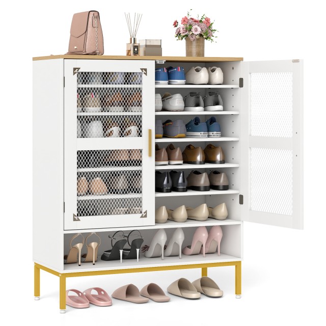 Costway Μοντέρνα Λευκη Ξύλινη Παπουτσοθήκη με Πόρτες, Ρυθμιζόμενα Ράφια και Μεταλλικά Πόδια  106 x 80 x 37 εκ. HU11183WH