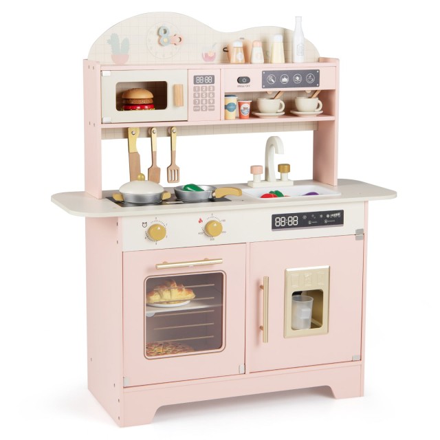 Costway Παιδική Κουζίνα με Αποθηκευτικό Χώρο & 17 Αξεσουάρ Ξύλινη Παιδική Κουζίνα Ροζ 90,5 x 39,5 x 79,5 εκ. TM10214PI