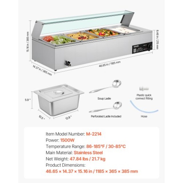 VEVOR Ηλεκτρικός Θερμαντήρας Τροφίμων 1500W από Ανοξείδωτο Ατσάλι με Γυάλινο Κάλυμμα, 4 Δίσκοι & Κουτάλες SYSPBWQBLZK4RHM29002V2