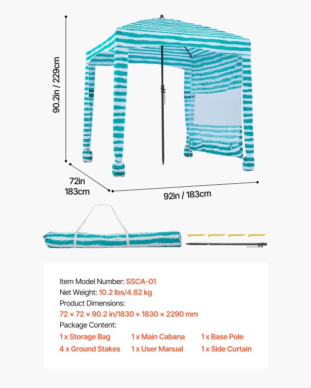 VEVOR Πράσινη Ριγέ Παραλιακή Καλύβα 1.83 x 1.83 m με Πλευρικό Τείχος και UV Προστασία UPF 50+ JYKHTXW6FT6F3F2LS001V0