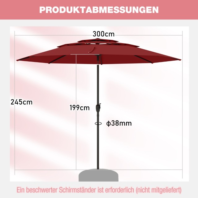 Costway Ανθεκτική και Σταθερή Ομπρέλα Κήπου 300 cm με Μανιβέλα, Δυνατότητα Κλίσης 30°, Βυσσινί Χρώμα NP12191BUG