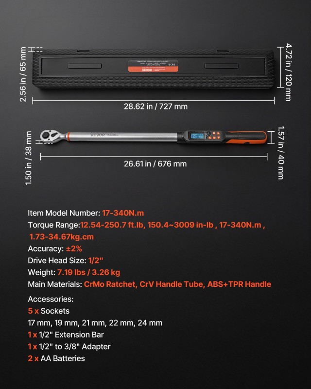 VEVOR Ψηφιακό Ροπόκλειδο 1/2 ±2% με Οθόνη LCD, Βομβητή, LED, Καρυδάκια, Προέκταση και Αντάπτορα DPSXSNLBS125KPV42001V9
