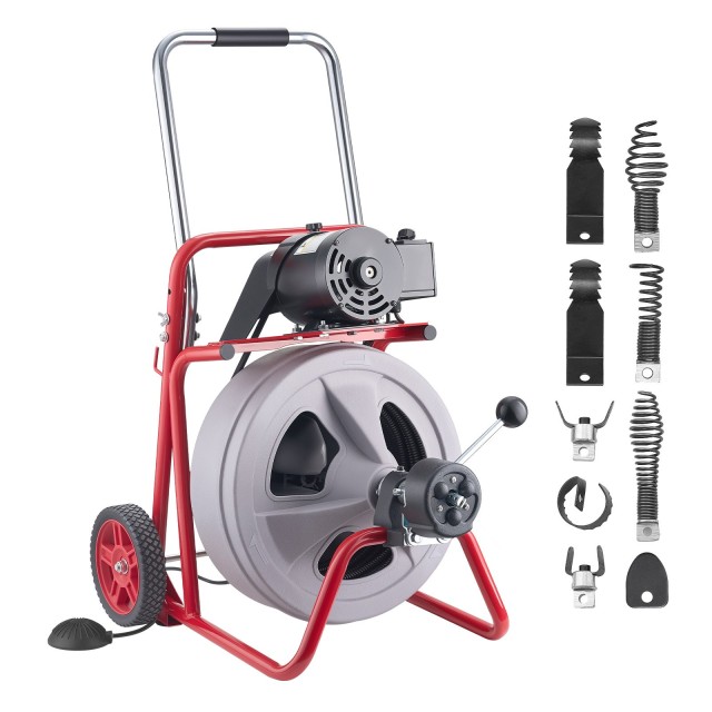 VEVOR Μηχάνημα Καθαρισμού Αποχετεύσεων 30μ x 13mm, Αυτόματη Τροφοδοσία, Φορητό με 8 Κοπτικές Κεφαλές & Ποδοδιακόπτη για Σωλήνες 50mm έως 150mm ZDJJKLSGDSTJXZPK9002V2