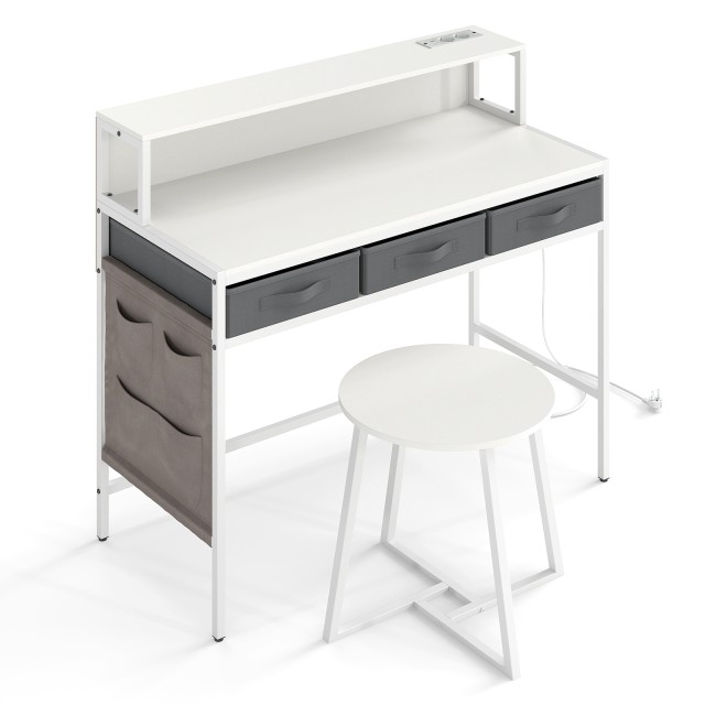 Costway Γραφείο Υπολογιστή Λευκό με Ενσωματωμένες Πρίζες και Σετ Μακιγιάζ με Καθρέφτη, Σκαμπό και Βάση Οθόνης 95,5 x 50 x 110 cm HU11211DE-WH