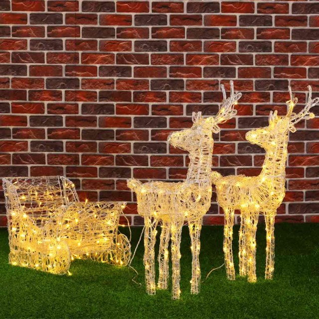 BAKAJI  Έλκηθρο και Τάρανδοι Χριστουγεννιάτικοι 3D Φωτεινοί 240 LED Θερμό Λευκό για Εξωτερικό με μπαταρίες  02839571