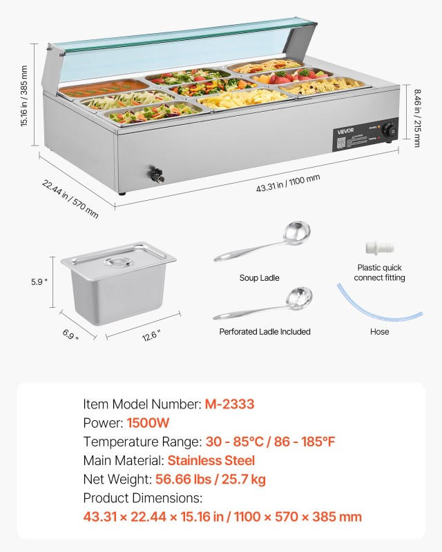 VEVOR Επαγγελματικός Θερμαντήρας Τροφίμων 1500W, Ανοξείδωτο Ατσάλι, 9 Θέσεων 110x57x38.5 εκ. SYSPBWQ913FS5WYYO002V2