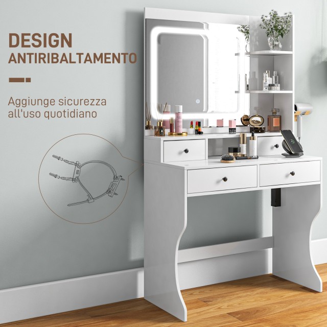 HOMCOM Τουαλέτα Μακιγιάζ με Φώτα LED 3 Αποχρώσεις και Καθρέφτη Θύρες USB 4 Συρτάρια και Ράφια 90x45x160cm Λευκό 831-776V90WT