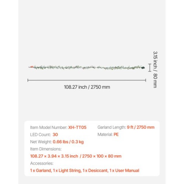 VEVOR 9ft Χριστουγεννιάτικη Γιρλάντα με Κληματσίδες, Μούρα, Φύλλα Ελιάς & Φωτεινή Σειρά SDHDTTGLYJG9Y8AOQ001V9