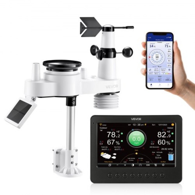 VEVOR 7-σε-1 Wi-Fi Μετεωρολογικός Σταθμός, Οθόνη TFT 177.8 mm, Ασύρματος Ηλιακός Εξωτερικός Αισθητήρας, Βροχόμετρο, Εσωτερικού-Εξωτερικού για Πρόγνωση Καιρού, Ταχύτητα & Κατεύθυνση Ανέμου, Θερμοκρασία, Υγρασία, Βροχόπτωση TYNQXZWIFI75YOYUJ001V2