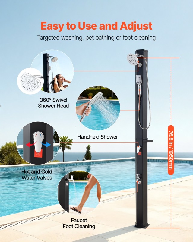 VEVOR Υπαίθριο Ηλιακό Ντους 40L, Ύψος Ντους 205cm, Με Χειροκίνητη Λαβή & Βρύση Ποδιών, Ρύθμιση Ζεστού & Κρύου Νερού, Μαύρο TYNLYQHSPVCL8QSDL001V0