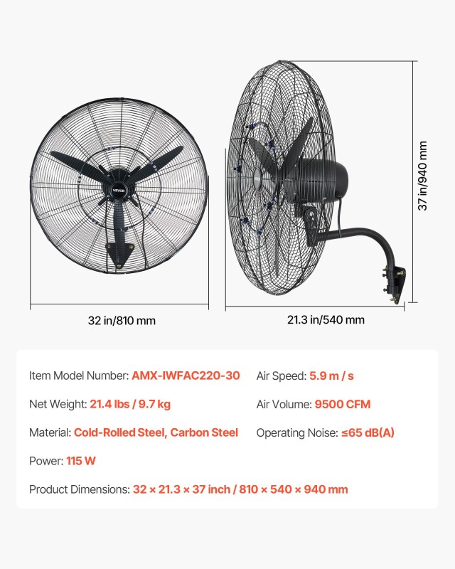 VEVOR Επιτοίχιος Ανεμιστήρας 760 mm με Περιστροφή και Υδρονέφωση, IP44, 3 Ταχύτητες GYBGFSDD30INOCYUB001V2