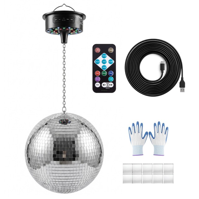 VEVOR Μπάλα Ντίσκο Καθρέφτης 300 mm με Μοτέρ και LED RGB, 0/3/6/9/12/15 RPM, Ασημί JMDSKQDDJ12IRZ6FX001V9