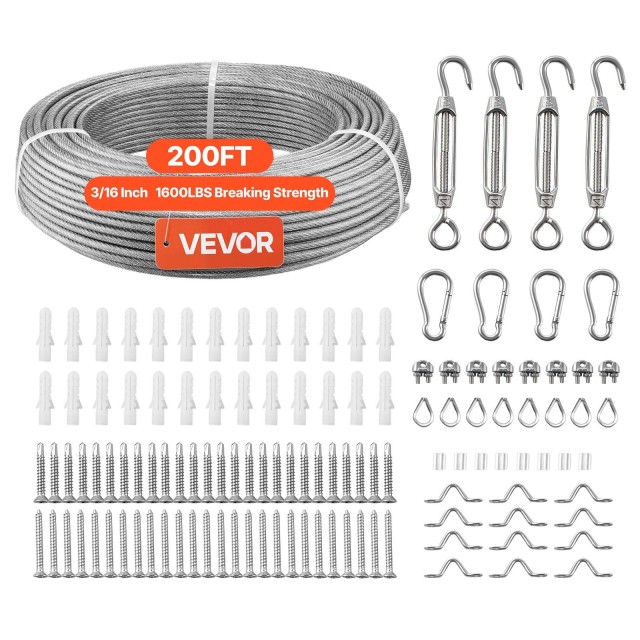 VEVOR Κιτ Συρματόσχοινου 4.76mm, 61m, Ανοξείδωτο Ατσάλι 304, Αντοχή 7.1kN, 7x7 Κλώνων, Ιδανικό για Κάγκελα, Ανάπτυξη Φυτών, Φωτιστικά Δώρα PSGSS200FTPS32OV0001V0