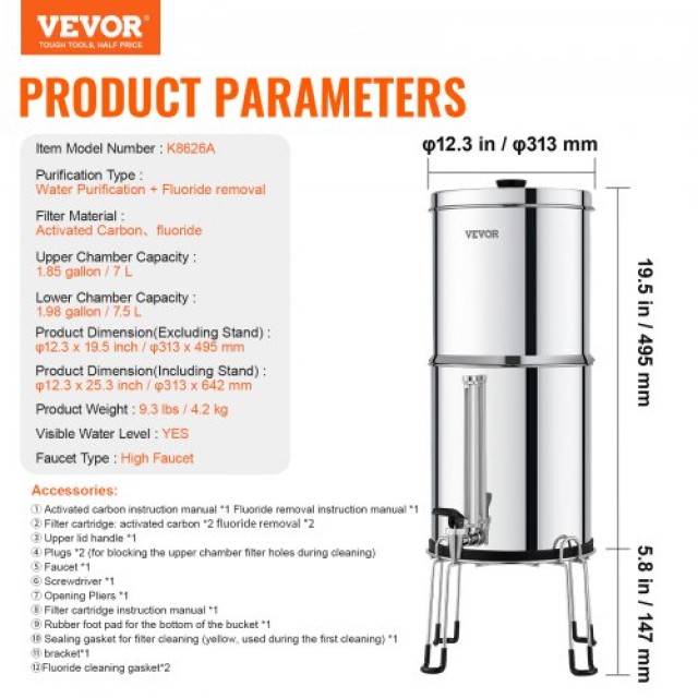 VEVOR  Σύστημα Φίλτρου Νερού Βαρύτητας 2.25G Ανοξείδωτο με 4 Φίλτρα για Πάγκο ZLLSQ225GALHFY1VYV0