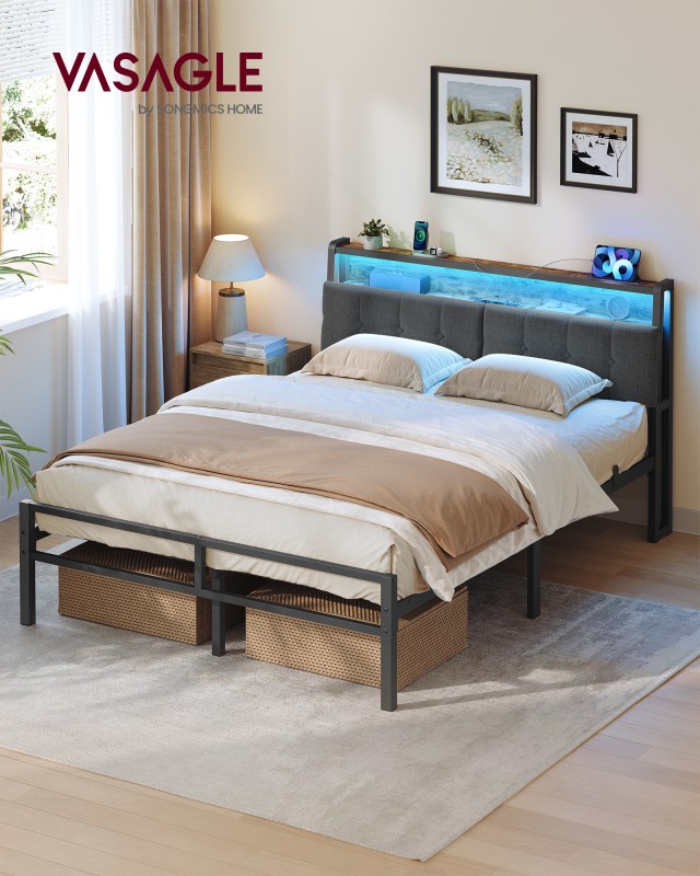 VASAGLE Κρεβάτι 140 x 190 cm με 2 Συρτάρια, LED και Σταθμό Φόρτισης RMB123G101