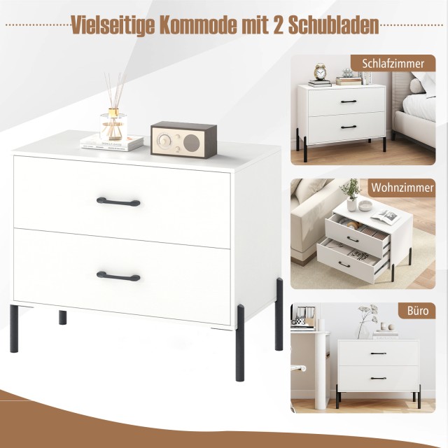 Costway Ξύλινο Κομοδίνο 2 Συρταριών με Μεταλλικά Πόδια & Λαβές 61 x 71 x 41 εκ. JV13213WH