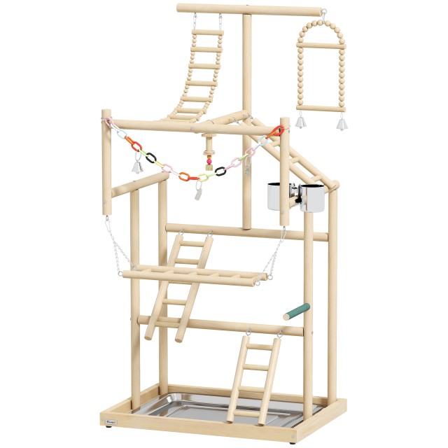 PawHut Ορθοστάτης για Παπαγάλους με Παιχνίδια, Σκάλες, Αλυσίδες, Μπολ, Αφαιρούμενο Δίσκο και Κλαδιά, Φυσικό Ξύλο D10-108V00ND