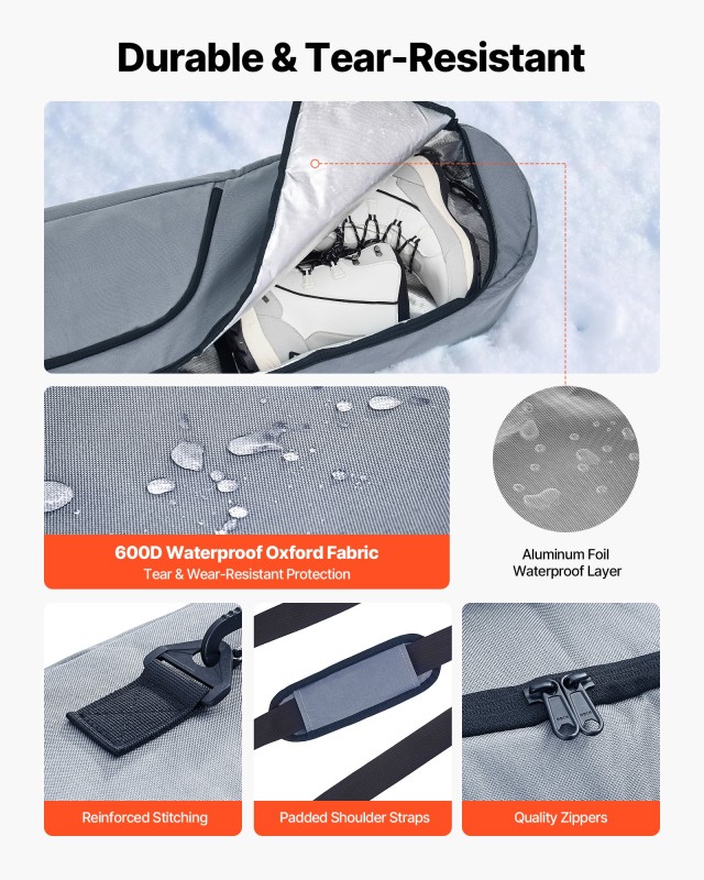 VEVOR Προστατευτική Τσάντα Snowboard 165 cm, Αδιάβροχη με Ενισχυμένους Ιμάντες HXYJBXBB165CBKA7U001V0
