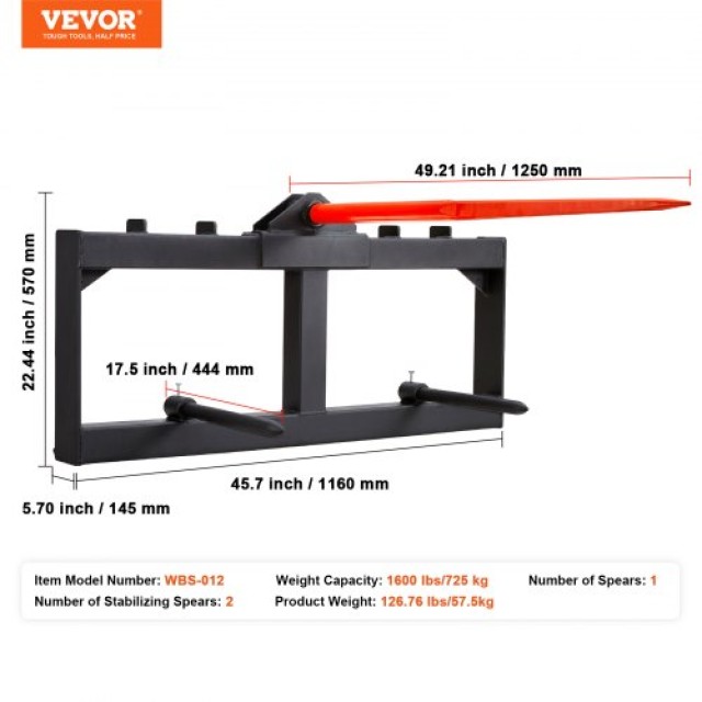 VEVOR Δόρυ Σανό 49, Φορτωτής Τρακτέρ 1600lbs, Προσαρμογή Skid Steer με 2 Σταθεροποιητικά Δόρατα 17.5  TZCZS12ZHZ491U79BV0