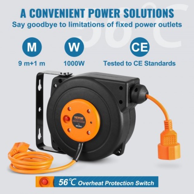 VEVOR Μπαλαντέζα Καρούλι Κλειστού Τύπου 1000W Προέκτασης 9 m με Επιτοίχια Βάση και Καλώδιο Σύνδεσης 1 m SSSJXQ30FTCHVGODMV2