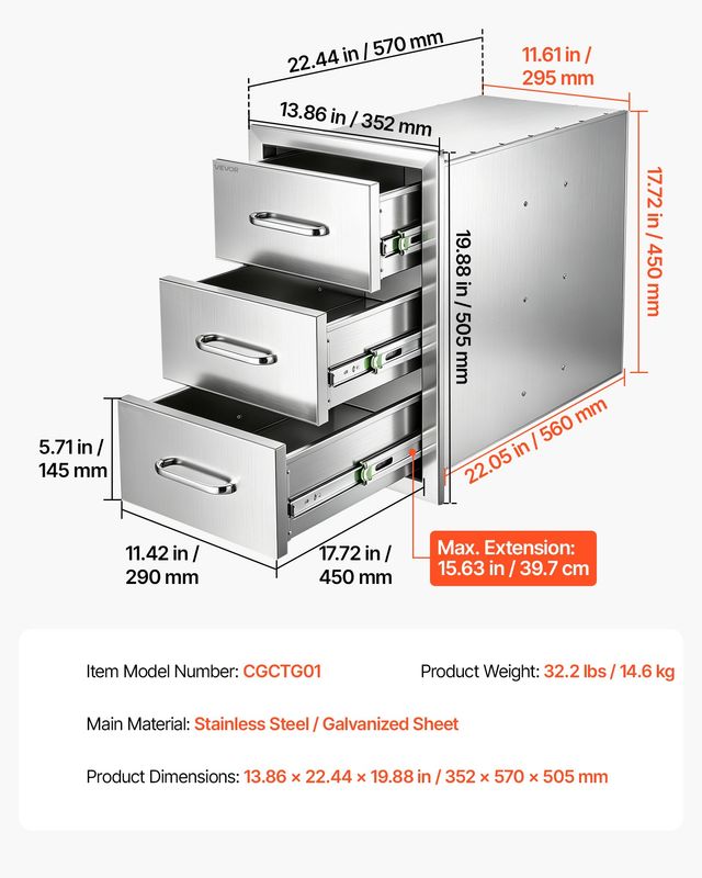 VEVOR Συρτάρια Εξωτερικής Κουζίνας 57 x 50,5 x 35,2 εκ. 3 Επιπέδων με Χερούλι για Νησίδα BBQ CGCTJ145W2056EBFI001V0