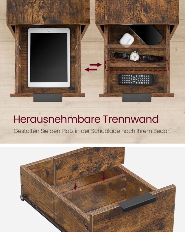 Τραπέζι VASAGLE με Πρίζα, 2 Συρτάρια, Vintage Καφέ/Κλασικό Μαύρο&nbsp;