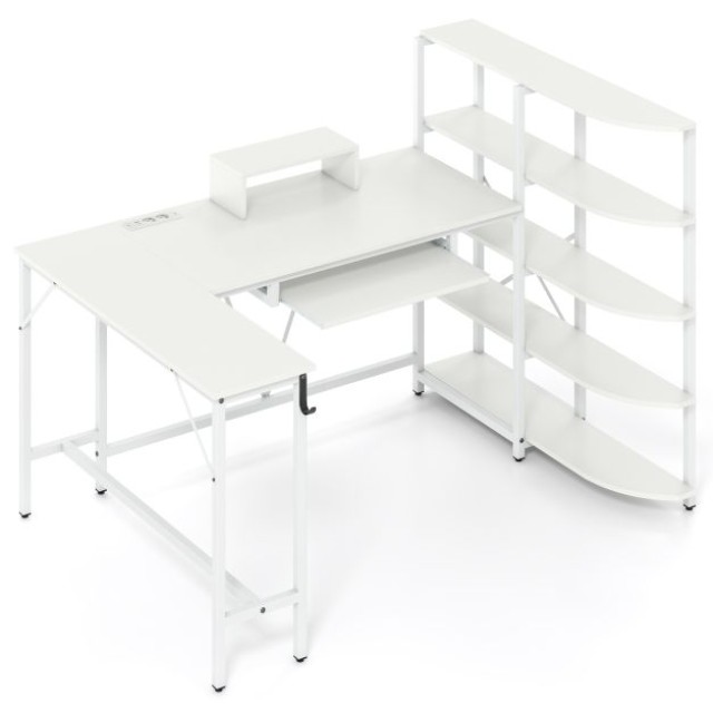 Γραφείο σε σχήμα L με ράφια και σταθμό φόρτισης 160 x 108 x 109,5cm  Λευκό  CB10939DE-WH+ Costway