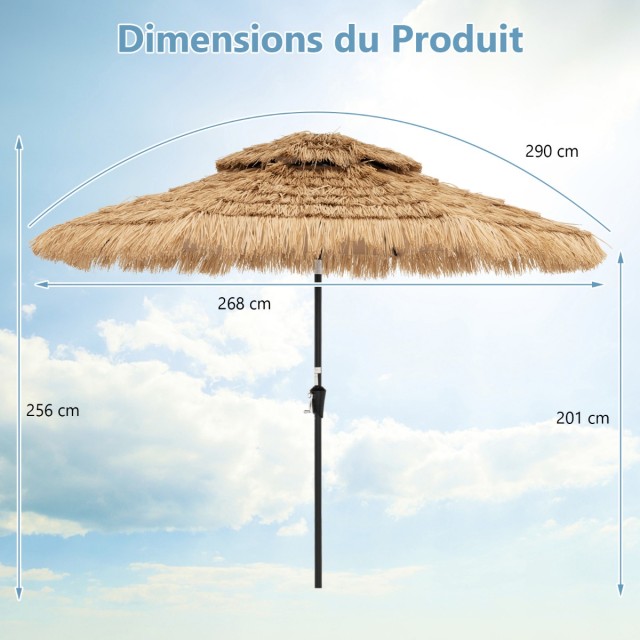 Costway Ομπρέλα Κήπου Χαβάη 270 cm με LED Ηλιακό Φωτισμό και Διπλή Οροφή Φυσικό Χρώμα NP12260