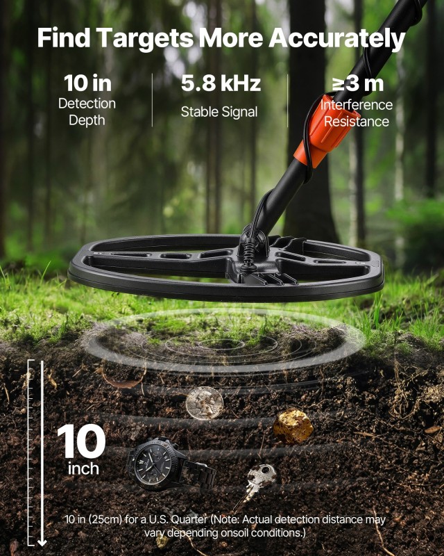 VEVOR Ανιχνευτής Μετάλλων Ενηλίκων 254mm, Υψηλής Ακρίβειας Χρυσός Ανιχνευτής, Αδιάβροχο Πηνίο IP68 με Οθόνη, Ακουστικά, 5 Λειτουργίες, Ρυθμιζόμενο Μήκος DPJSTCQJB10ID7GHN001V9