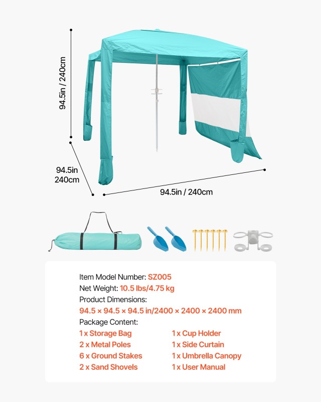 VEVOR Πράσινη Παραλία Κιόσκι 2.4x2.4m με Ρυθμιζόμενο Ύψος και Προστασία UPF 50+ JYKHTXW8FT8FVRHQU001V0