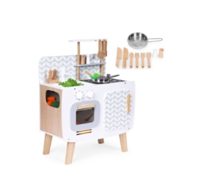 ECOTOYS Ξύλινη παιδική κουζίνα ρετρό με φούρνο, καυστήρες, νεροχύτη και μαγειρικά αξεσουάρ W10C863