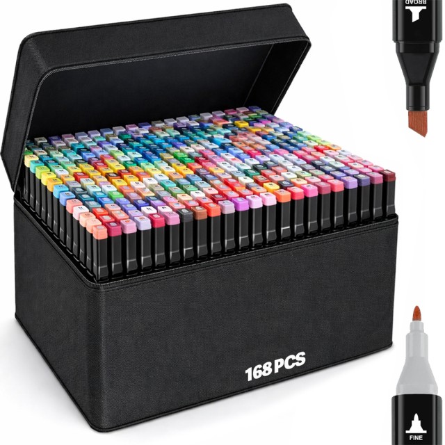 BAKAJI Σετ 168 Διπλοί Μαρκαδόροι Λεπτή & Χοντρή Μύτη με Τσάντα για Καλλιτέχνες 02001813